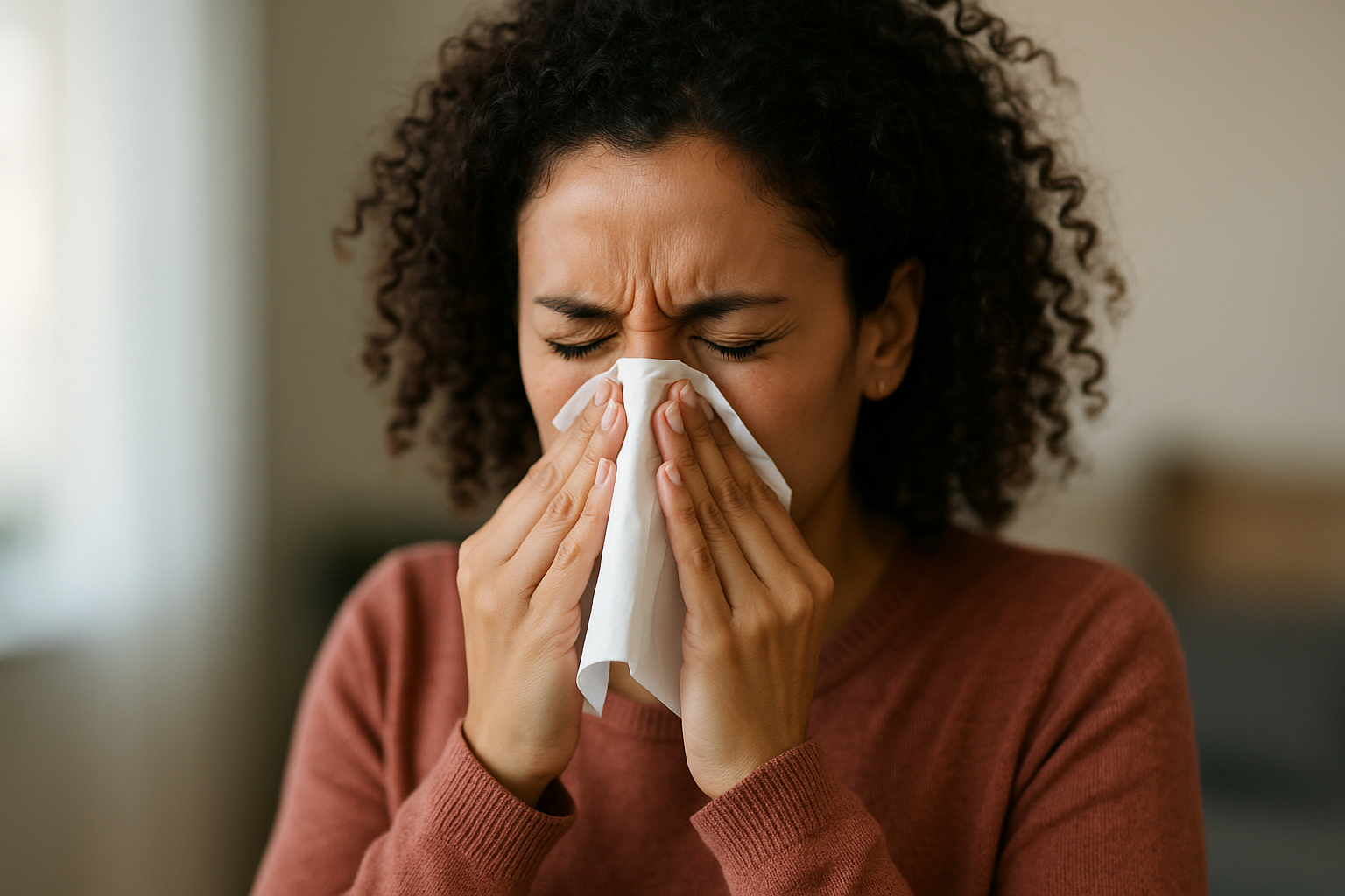 Mulher gripada assoando o nariz
