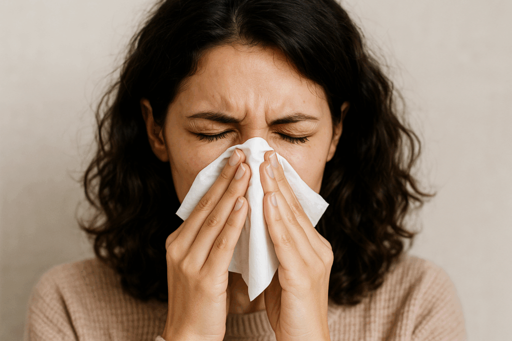 Mulher assoando seu nariz, indicando sintomas de gripe