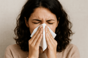 Mulher assoando seu nariz, indicando sintomas de gripe