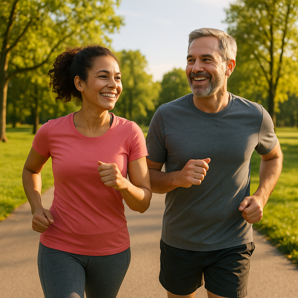 Imagem de um casal correndo em parque em uma tarde ensolarada