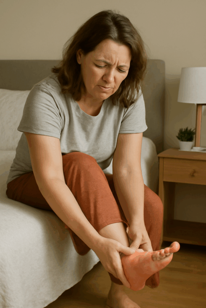 mulher com dor em seu pé direito